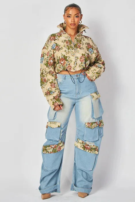 Women Tracksuit Pant Sets Zipper Cardigan Tops Print Zipper Fly Straight Ankle Length Denim Pants Jean Loose Matching Sets Y2k