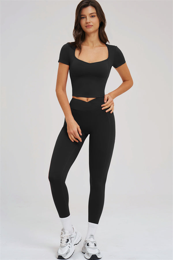 Black 2-piece set: square-neck cropped tee with high-rise leggings