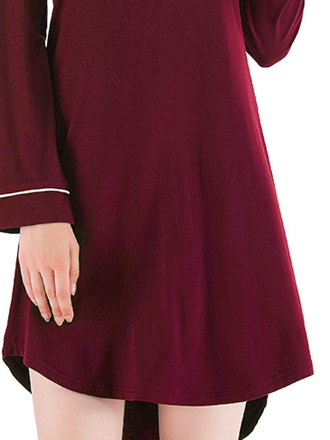 Wine Nachtkleid Saum und Ärmelbündchen mit Zierband, gerade Vorderkante