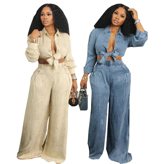 Conjunto de dos piezas: blusa con lazo y pantalón ancho, versión azul y beige