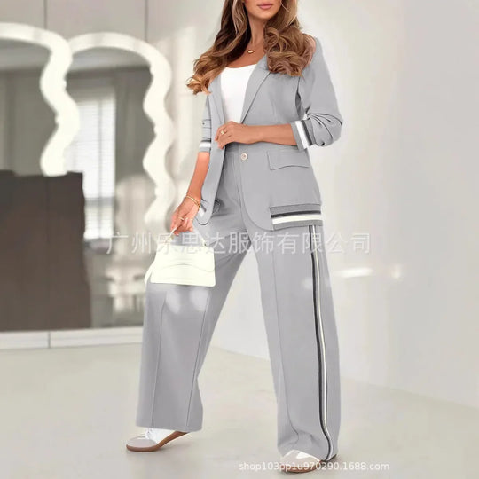 Women Suit Jacket 2 Piece Sets Striped Blazer Coat Turn Down Collar Single Breasted Wide Leg Pants Ensemble Office Lady Outfits