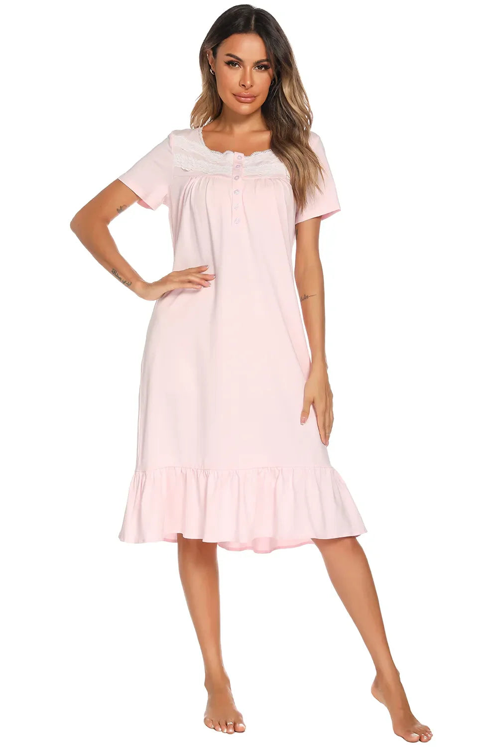 Blush Pink square-neck lounge dress with lace yoke and tiered hem