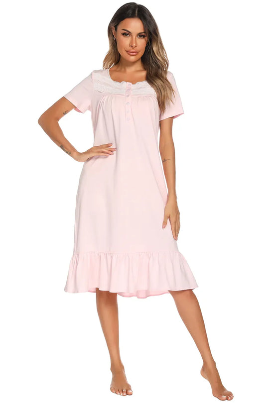 Blush Pink square-neck lounge dress with lace yoke and tiered hem