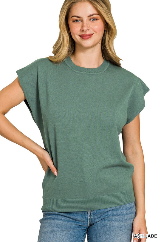 Zenana Viskose Rundhals Kurzarm-Pullover in Ash Jade, entspannter Schnitt