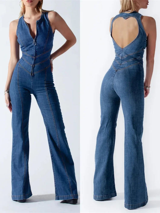 Blauer Denim-Overall mit tiefem Herz-Rückenausschnitt und Knopfleiste vorn