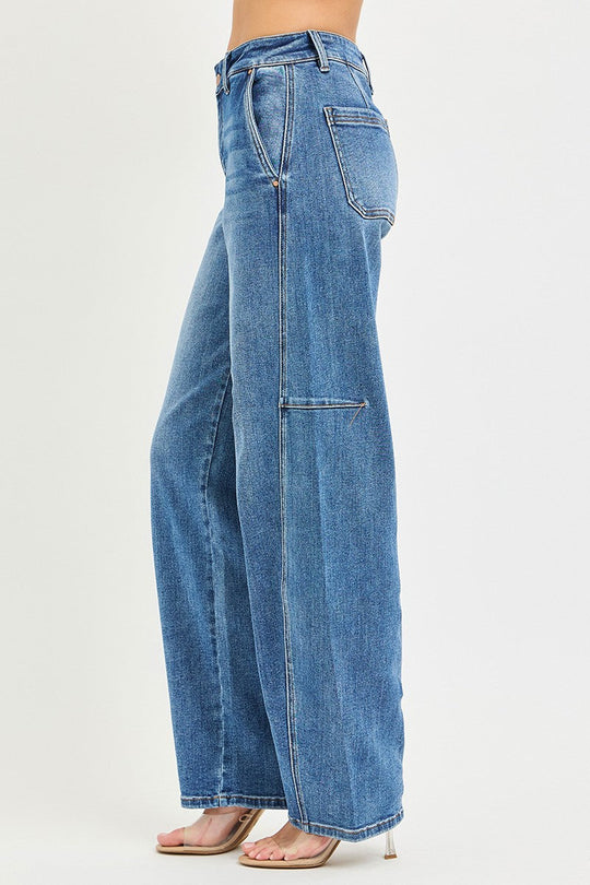 RISEN slouchy baggy jeans, medium wash, back yoke and patch pockets