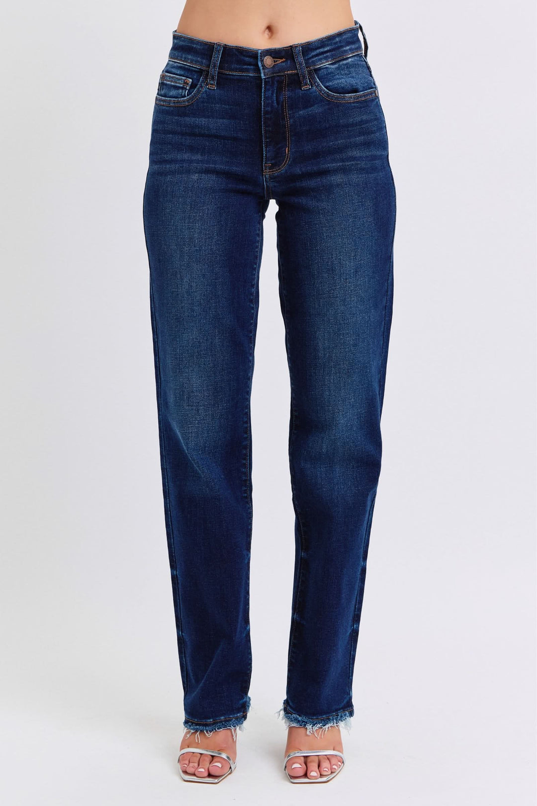 Judy Blue Dark jeans, full size straight leg with raw hem and button fly front
