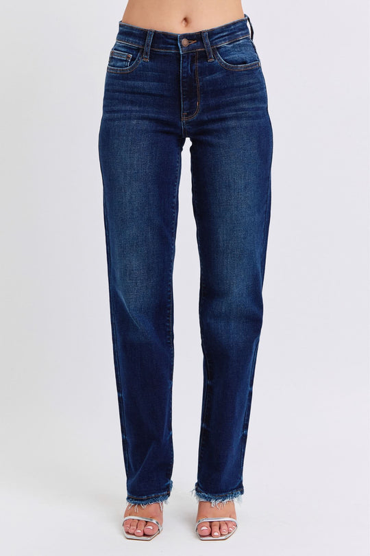 Judy Blue Dark jeans, full size straight leg with raw hem and button fly front