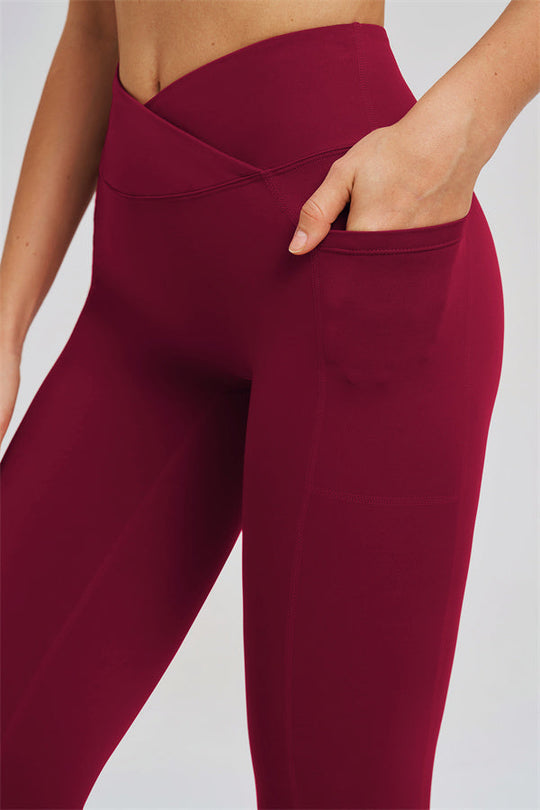 Burgundy leggings with curved high-rise waistband
