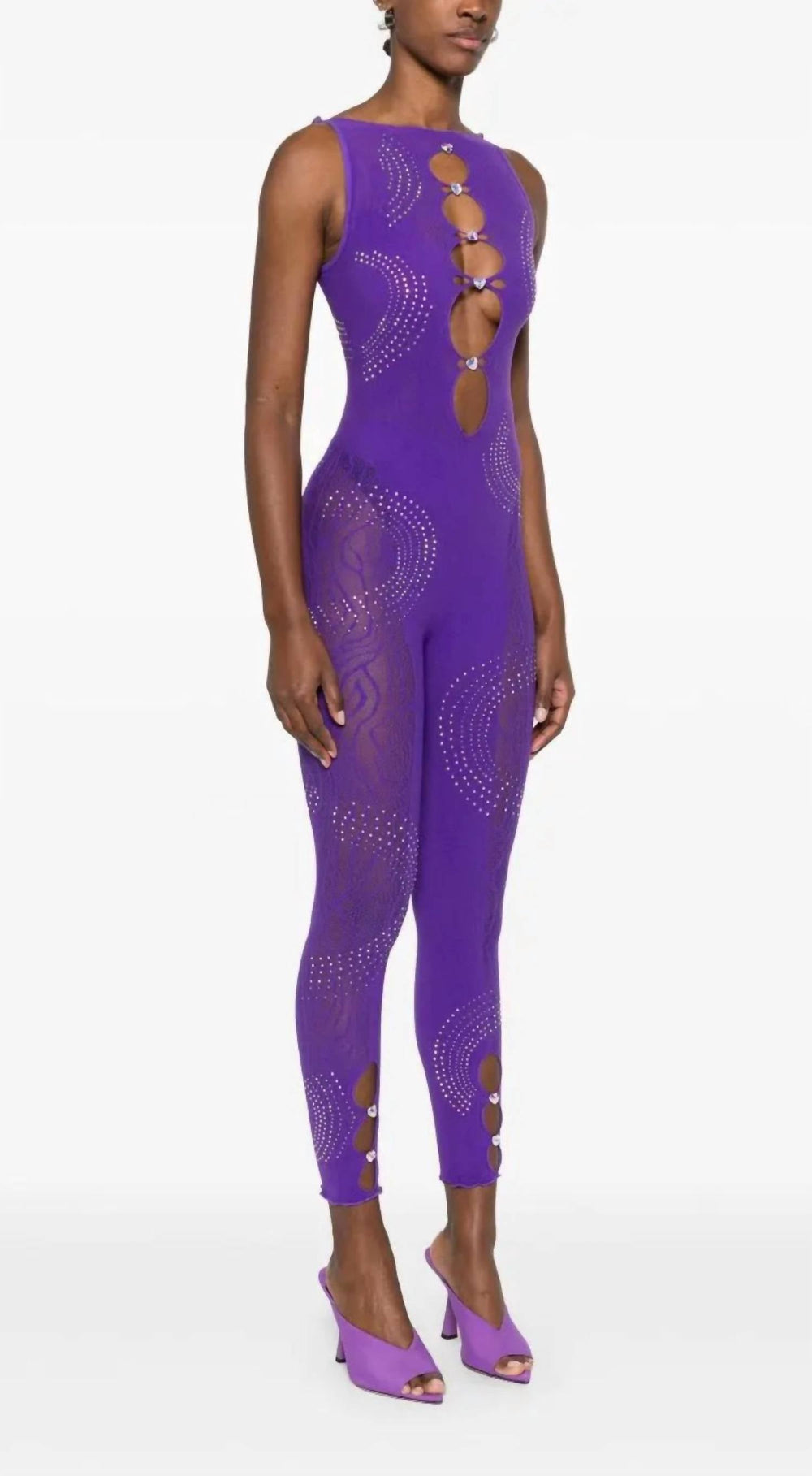 Twilight Purple Strass-Jumpsuit ohne Ärmel mit vertikalen ovalen Cutouts
