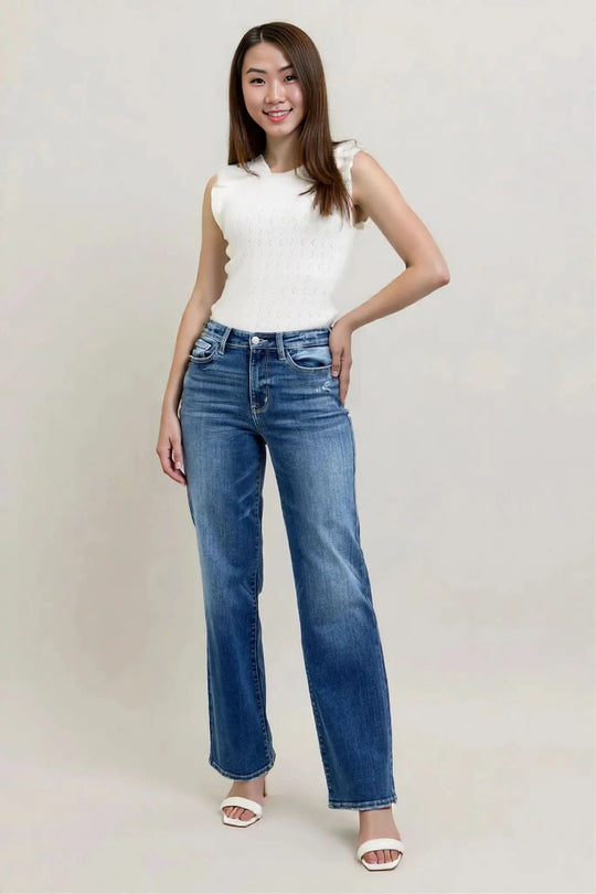 High-waist straight-leg jeans outfit view, medium blue wash with front button and belt loops