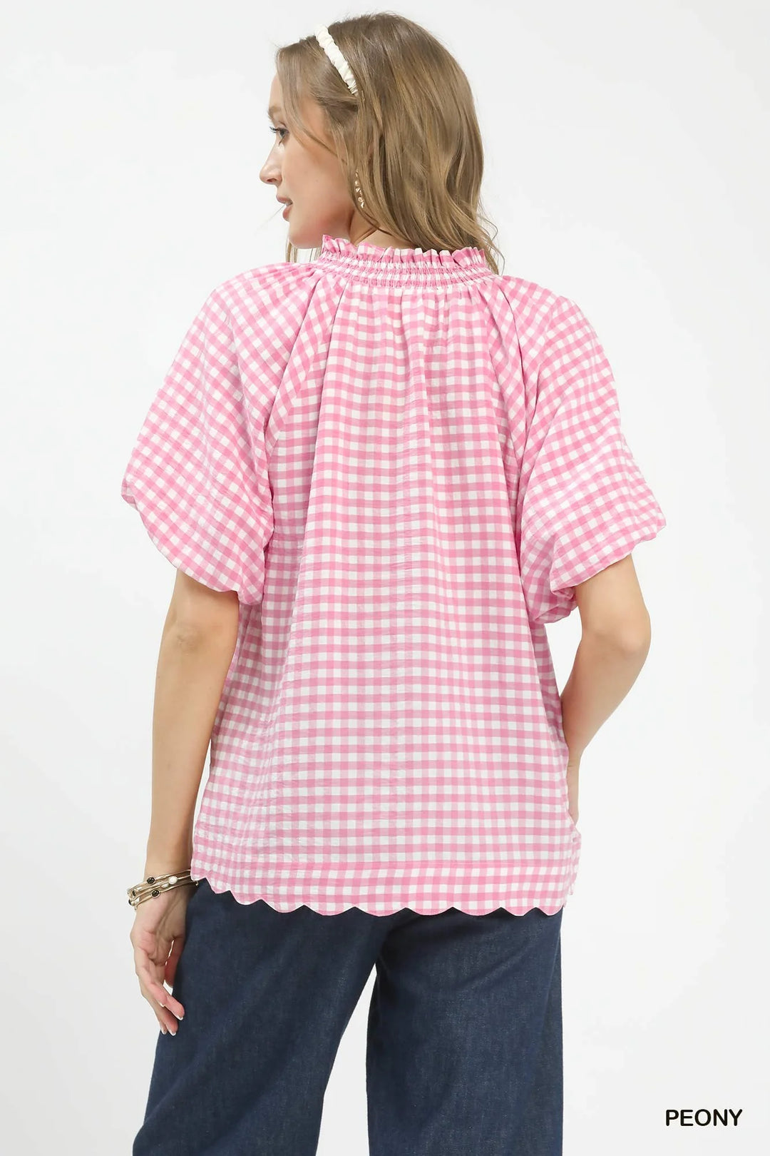 Back view: pink PEONY gingham blouse with gathered yoke and bubble sleeves