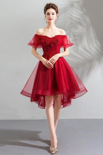 Red off-shoulder corset-style high-low dress with tulle skirt and lace overlay