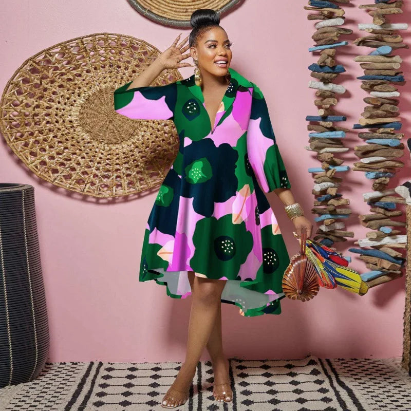 Women Sexy Fashion Printed Shirt Dresses Chic V Neck Loose Long Sleeve Dress Causal Vacation Female Mini Vestidos Robe Clothing