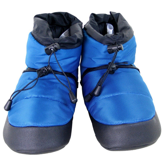 Pair of sky blue camp booties with black laces, padded collar, and grippy dark sole