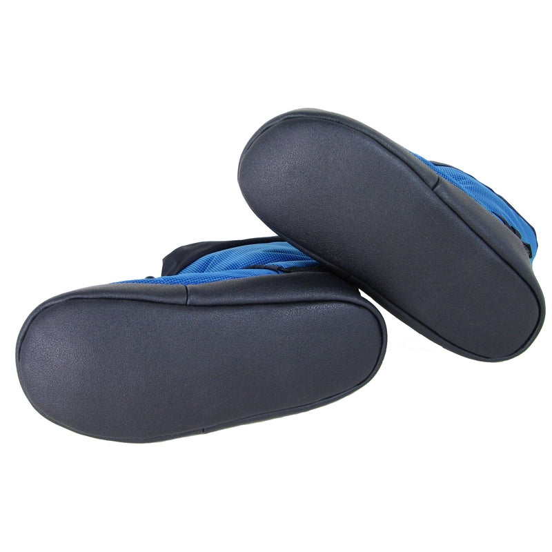Camp bootie soles: dark gray/black underside with sky blue upper