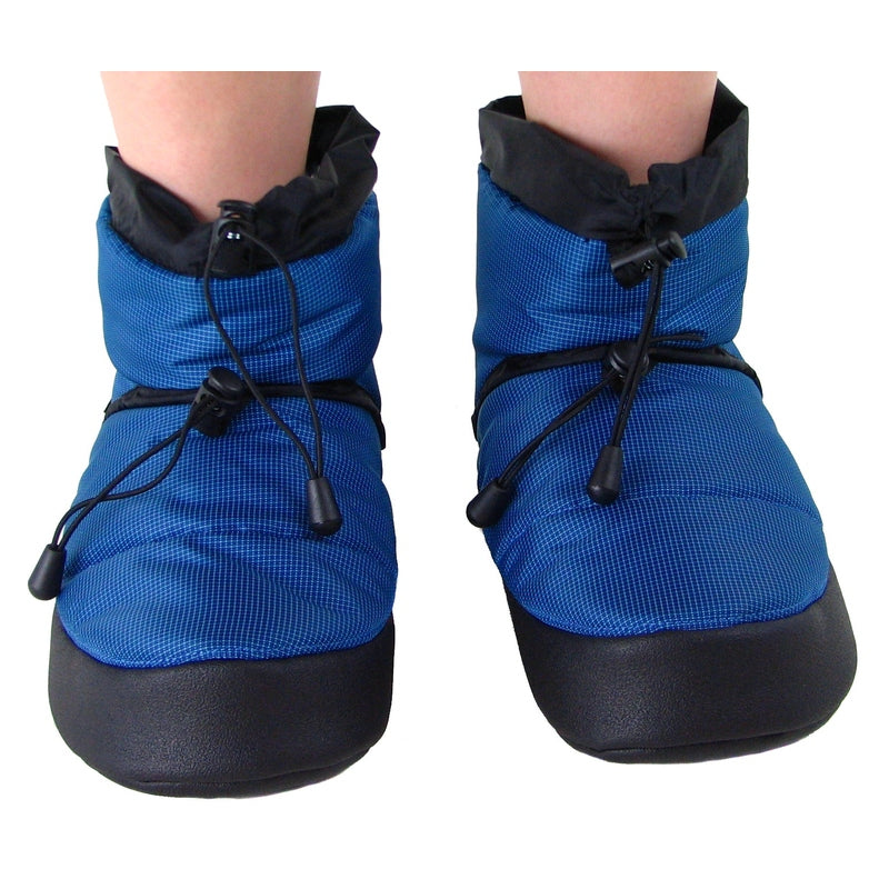 Sky blue camp booties on feet with black drawstring tied at the ankle