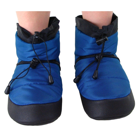 Sky blue camp booties on feet with black drawstring tied at the ankle