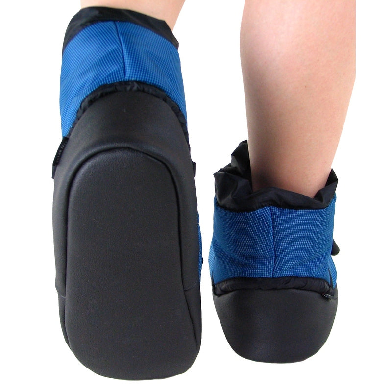 Side view of sky blue camp booties with black toe caps and ankle pull tab