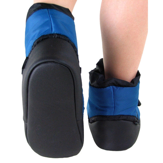 Side view of sky blue camp booties with black toe caps and ankle pull tab