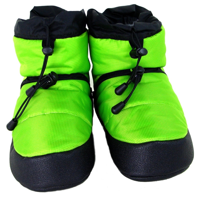 Pair of lime Polar Feet camp booties with black straps, neon green fabric and thick sole