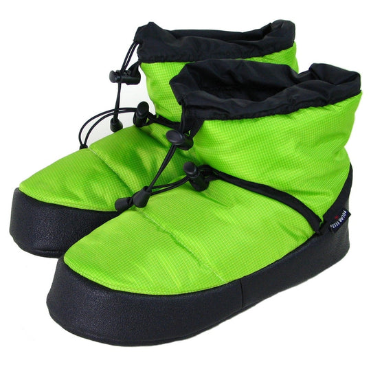 Neon lime camp booties with black lace-up cords and padded midsole