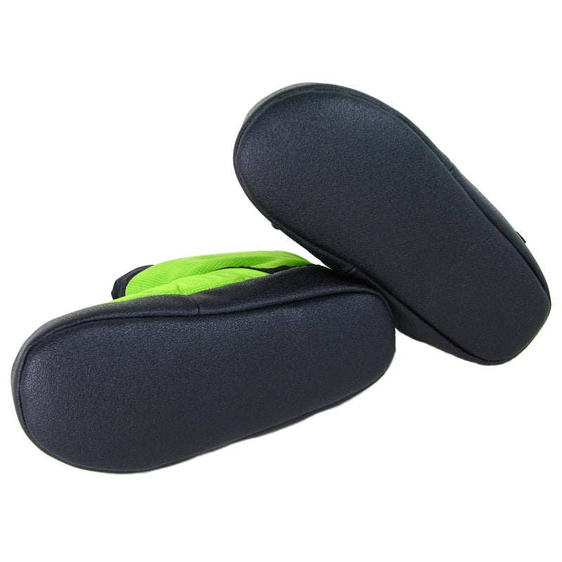 Lime camp booties showing rounded black outsole and neon green uppers