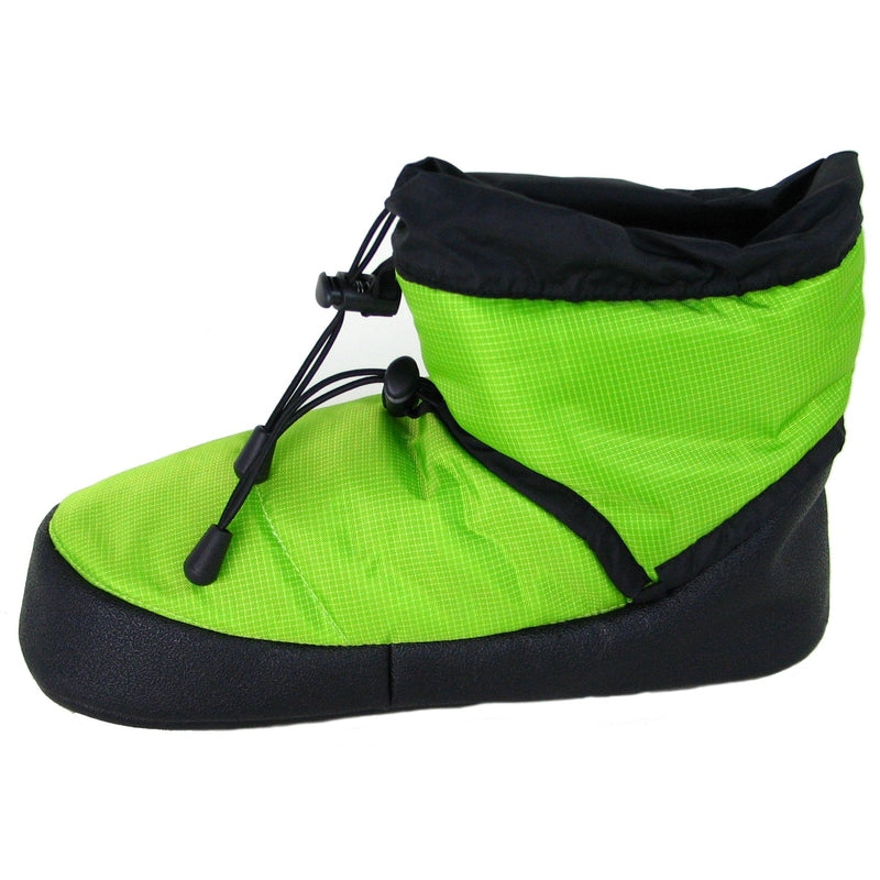 Neon lime camp bootie with black zipperless drawstring and cushioned black sole
