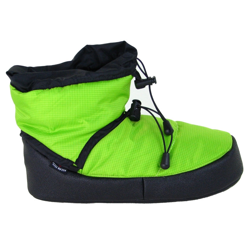 Side view of lime camp booties with black binding, neon green upper and bungee tie