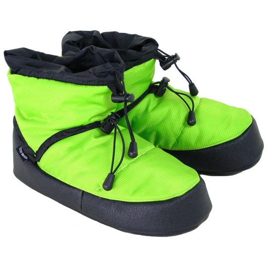 Lime camp booties, neon green upper with black drawstring and lace-up eyelets