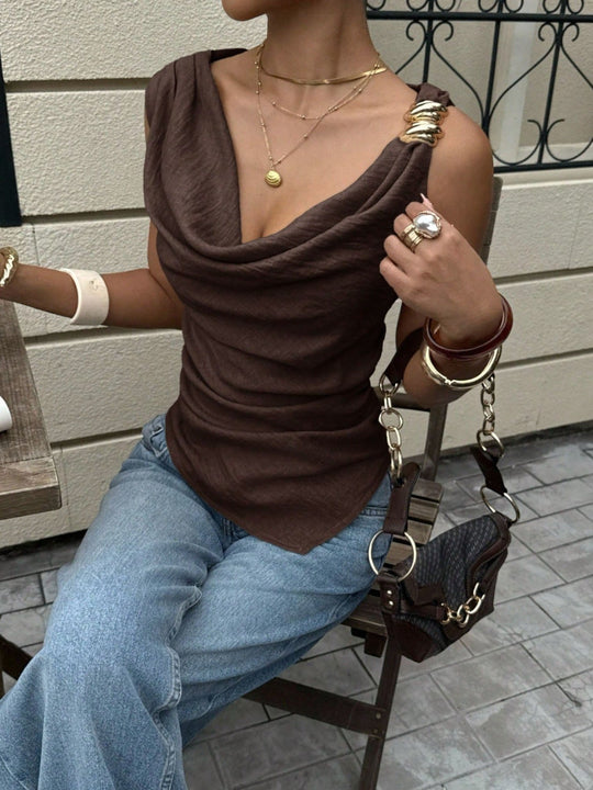 Chocolate cowl-neck cami top, sleeveless drape front