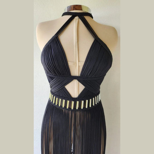 Black Selene dress back detail: crisscross straps and jeweled bead fringe belt