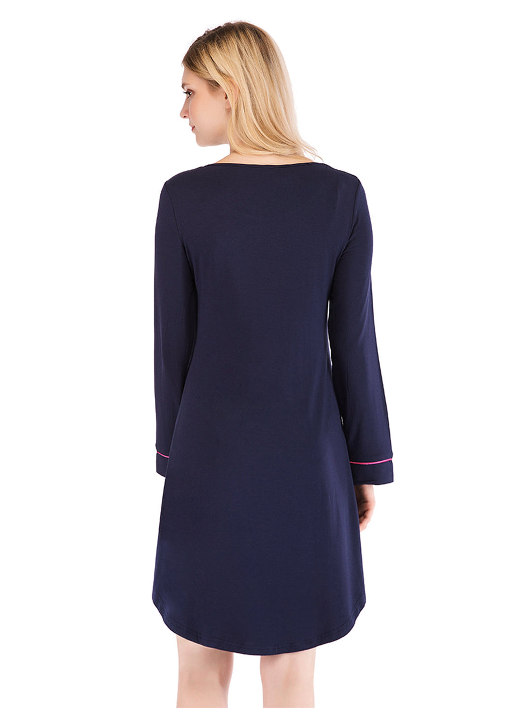 Rückansicht Nachtkleid mit Tasche, Dark Navy, Rundhalsausschnitt, 3/4-Ärmel