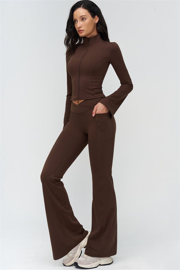 Bistre flared leggings with high waist and cropped zip jacket, brown 2-piece set