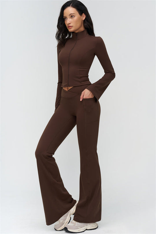 Bistre flared leggings with high waist and cropped zip jacket, brown 2-piece set