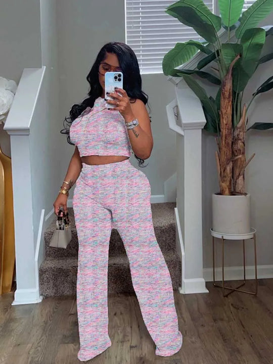 2 Piece Sets Womens Outfits Elegant Stretchy Knitted Summer Suit Sexy Sleeveless Top and Pant Suit Wholesale Dropshipping