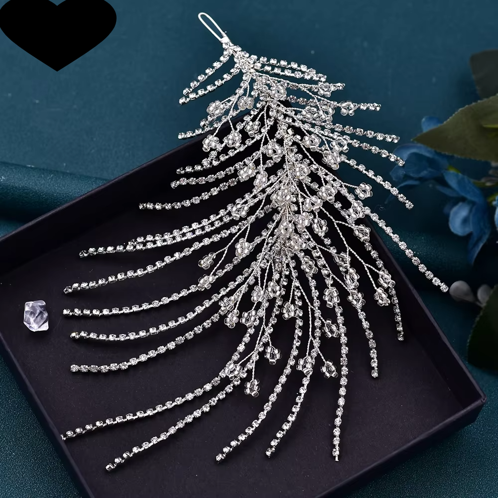 Silver crystal tiara headband with layered rhinestone chains and dangling drops