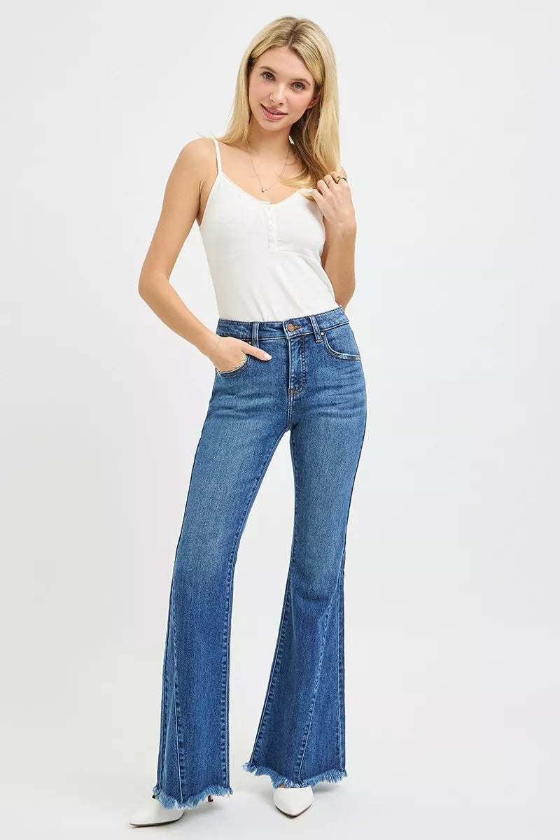 Be Bliss Boutique flare jeans, mid-rise dark wash denim, raw frayed hem