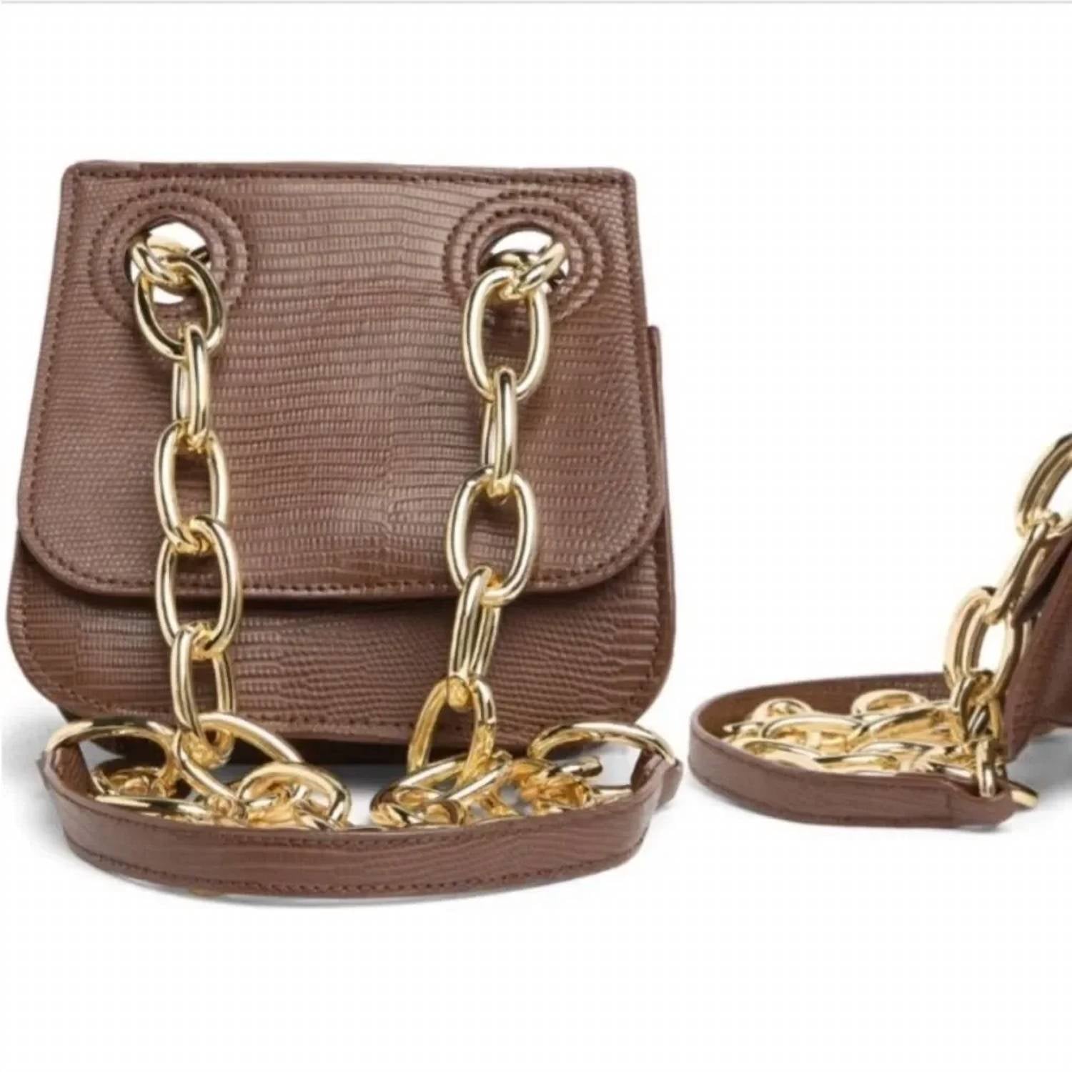 Brown lizard-embossed vegan shoulder bag with gold chain links and flap closure