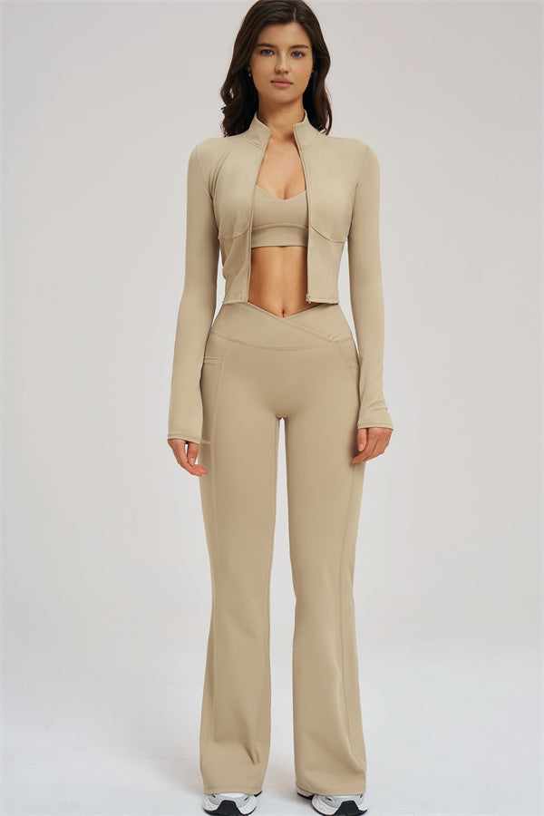 Almond 3-piece set with zip jacket, sports bra, and high-rise flared leggings