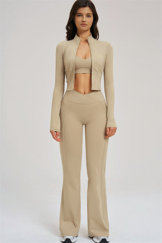 Almond 3-piece set with zip jacket, sports bra, and high-rise flared leggings