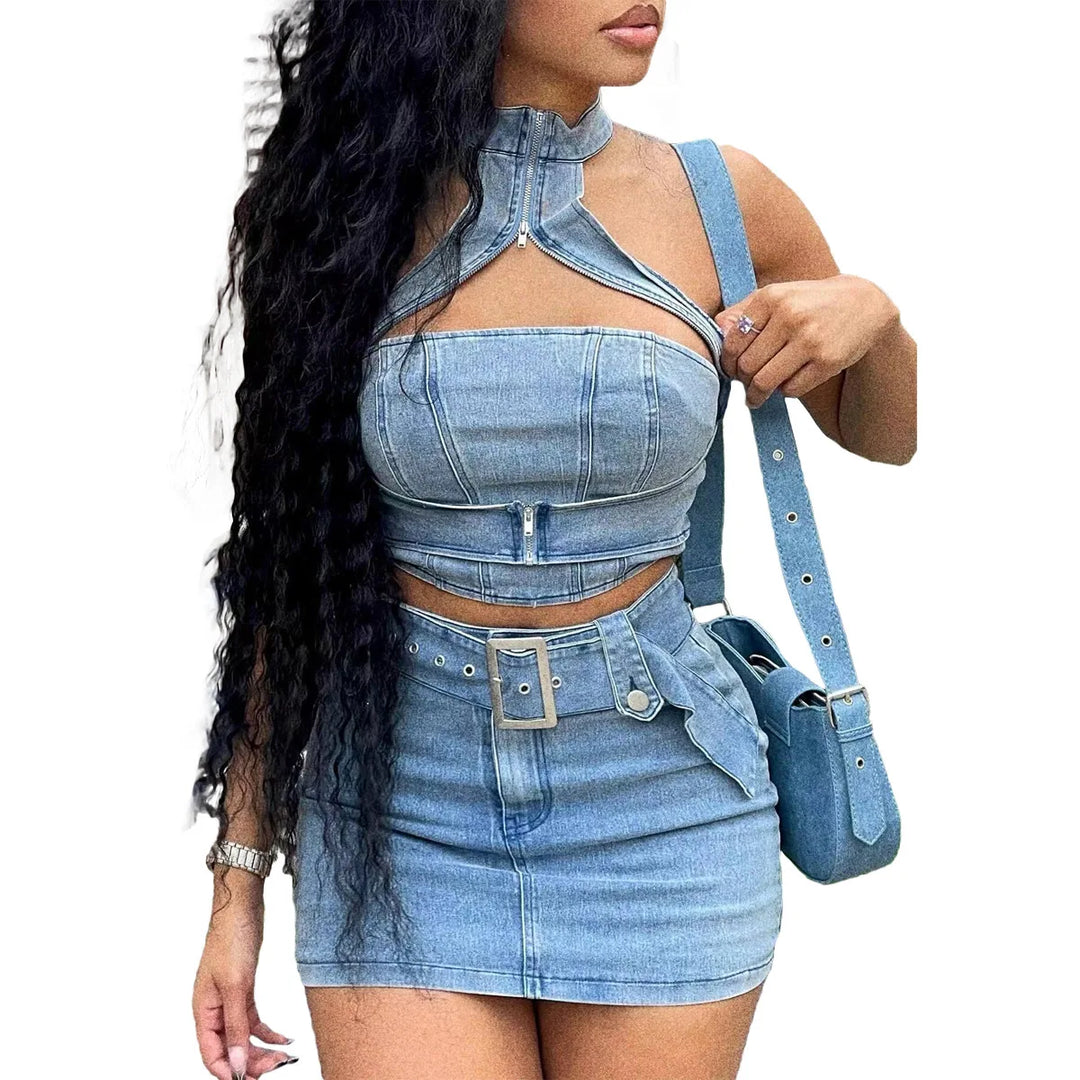 Blue denim mini dress set: halter crop top, high-waist skirt, front strap detail