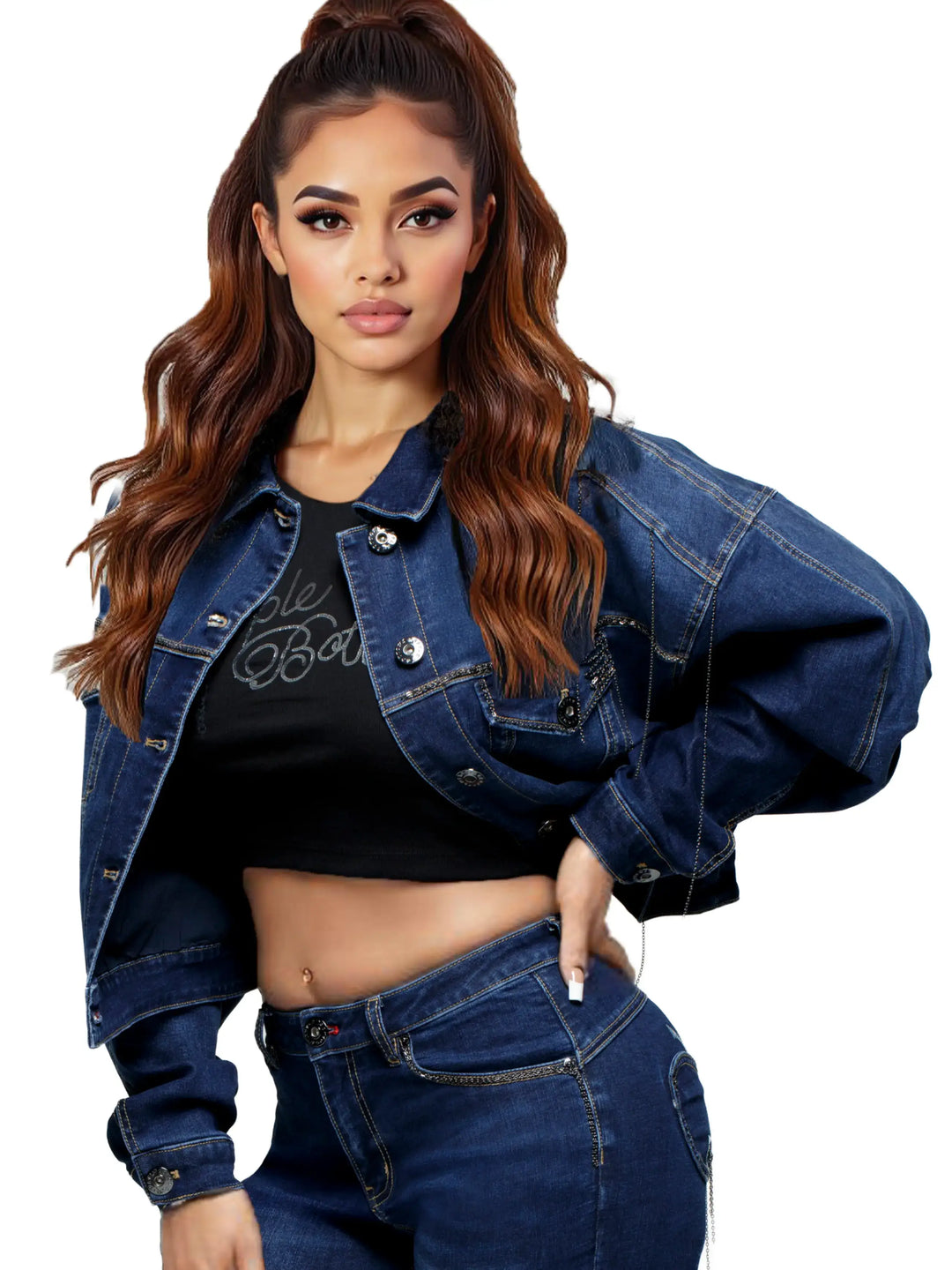 Denim chain-link jacket with front snap buttons and chest pocket detailing