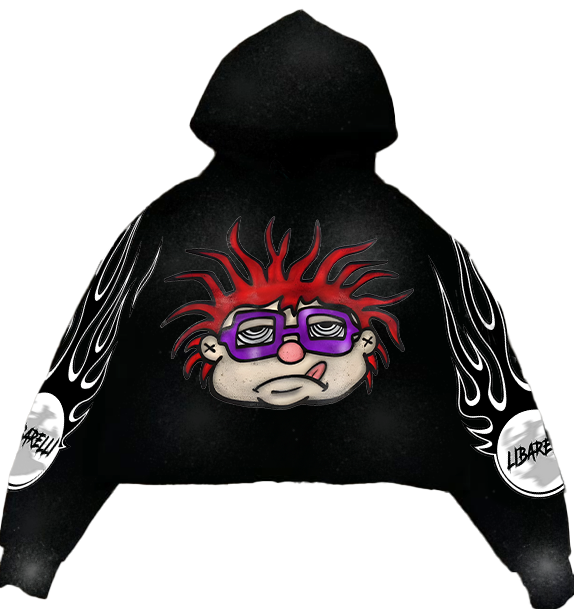 Chuckie Finster Hoodie: black with flame-faced character graphic and white sleeve flames