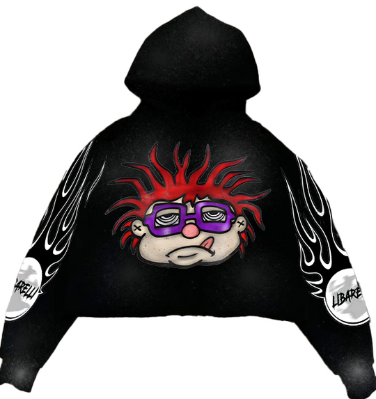 Chuckie Finster Hoodie: black with flame-faced character graphic and white sleeve flames