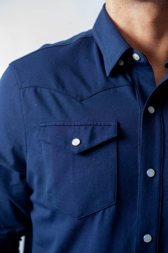 Navy Western tech shirt shoulder and chest pocket with snap-style buttons