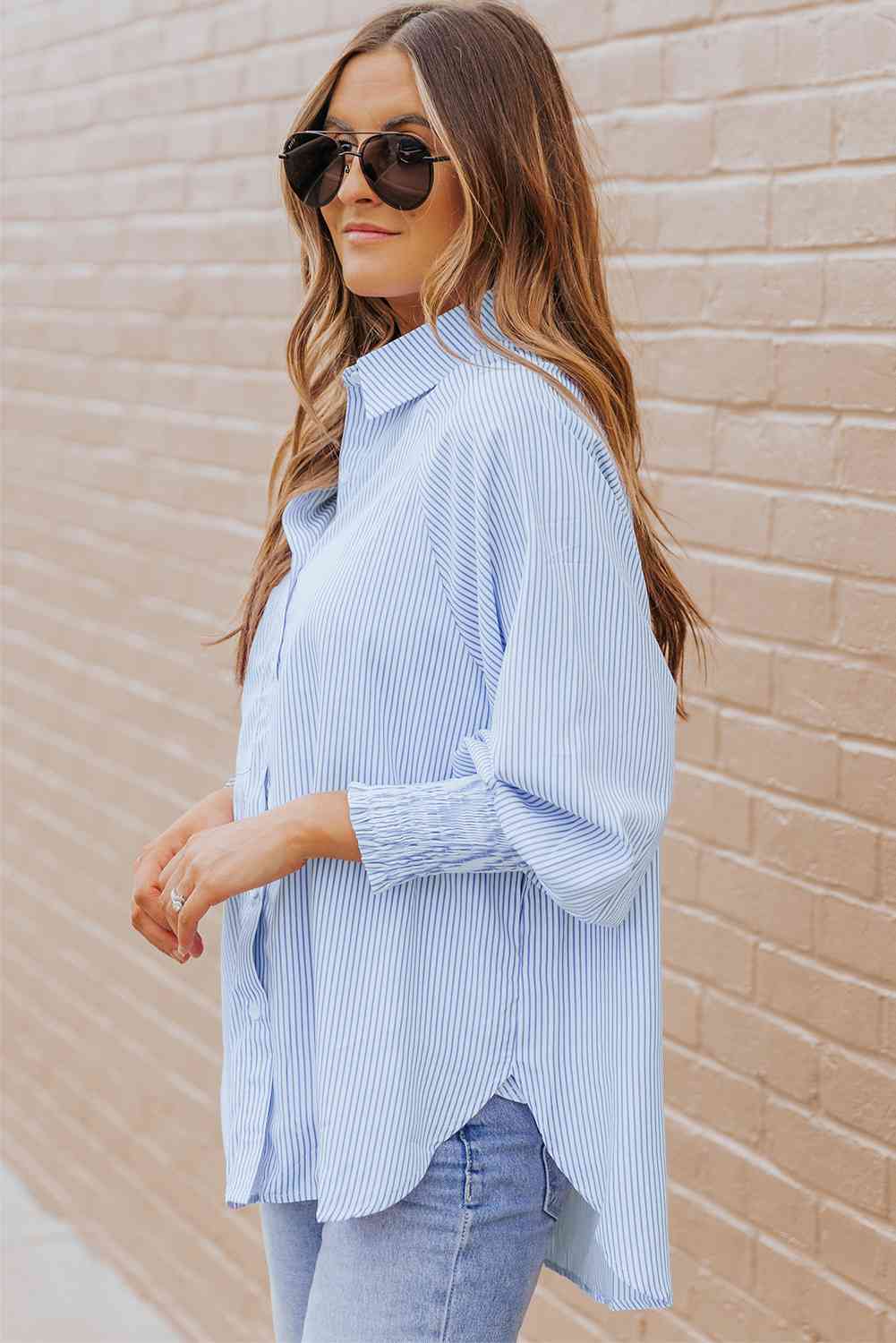 Lantern sleeve shirt pastel blue striped button-up, pointed collar