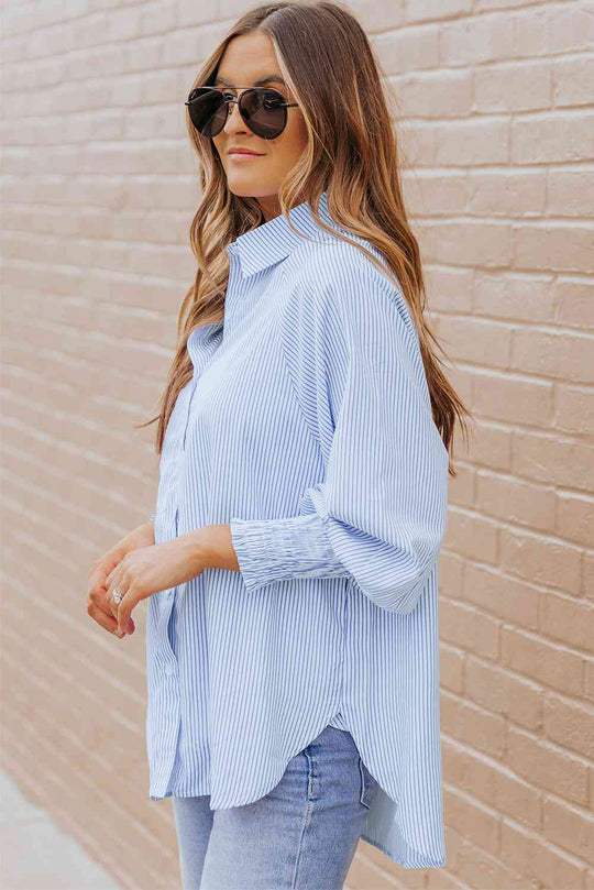 Lantern sleeve shirt pastel blue striped button-up, pointed collar