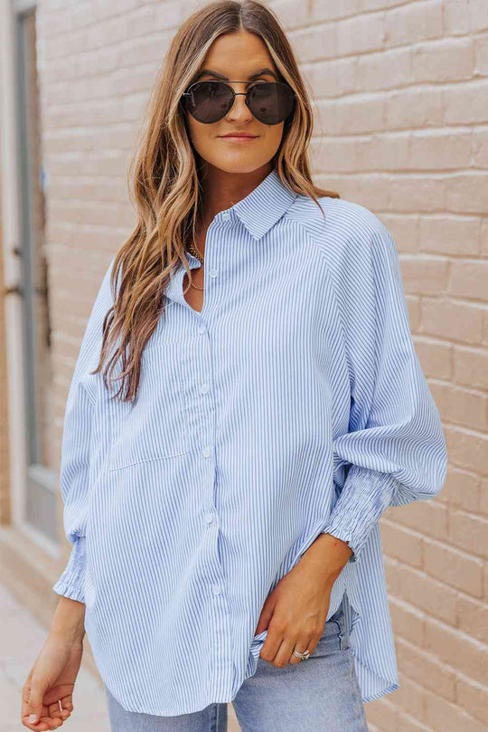 Pastel blue striped shirt front, button placket and pointed collar