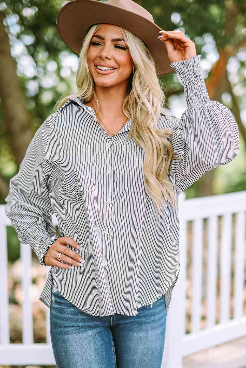 Mid gray striped button-up shirt with lantern sleeves and point collar